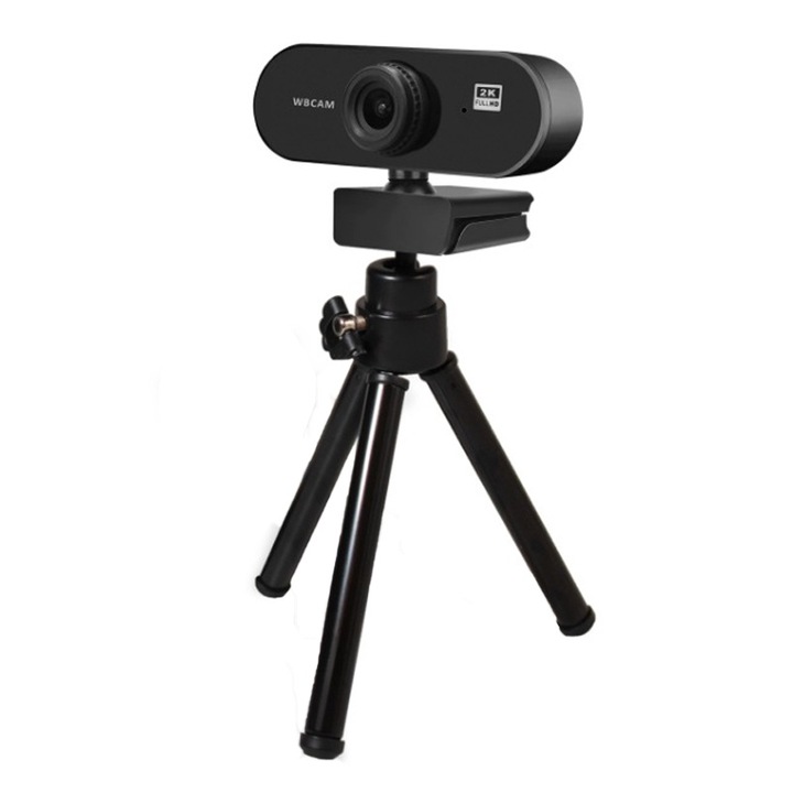 Уеб камера, Rqiurpn, 2K Ultra-HD, вграден микрофон за намаляване на шума, автофокус, завъртане на 360°, разделителна способност 2560x1440, включен статив, 90° зрителен ъгъл, автоматична корекция на цветовете, черен