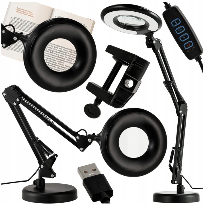 LED lámpa, Berge, 55cm, Irodába, Nagyító, Állítható fényerő, Állítható színek, Hideg, Semleges, Meleg, USB, Fekete