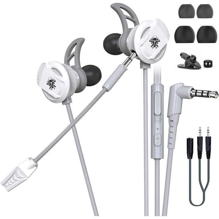 Casti Gaming Beedove, cu microfon detasabil, 3.5mm jack, anulare activa a zgomotului, Cablu Retractabil, gri