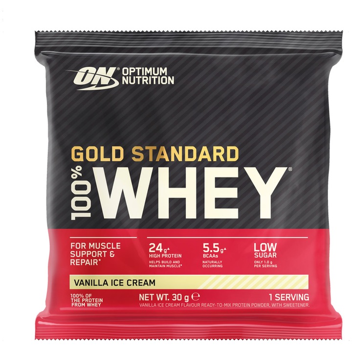 Proteine din zer, pudra proteica Optimum Nutrition 100% Whey Gold Standard, aroma vanilie (24 plicuri x30g)