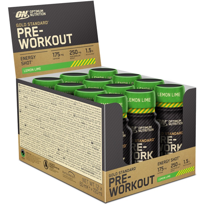 Pre Workout Shot Optimum Nutrition 100% Gold Standard, aroma lamaie si lamaie verde (12 buc x 60ml)