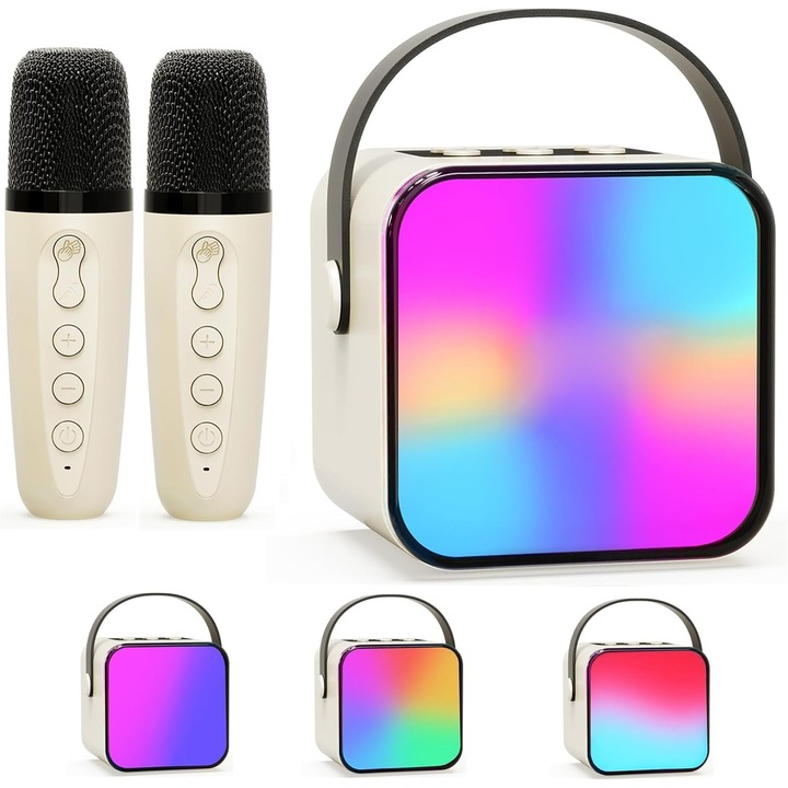 Mini sistem/2 microfoane karaoke Beedove, lumini colorate, portabil, plastic, 20x7x16cm, Alb