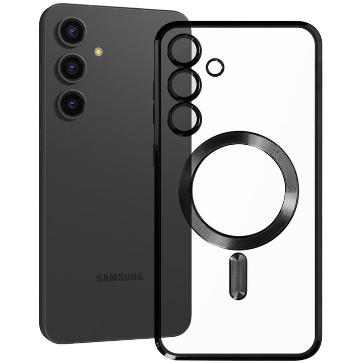 Husa tip MagSafe pentru Samsung Galaxy S24 FE, Glamour MagCase, Protectie lentile camere, Rama electroplacata, Accente metalizate, Margini ridicate, Incarcare wireless, Magnetica, Negru