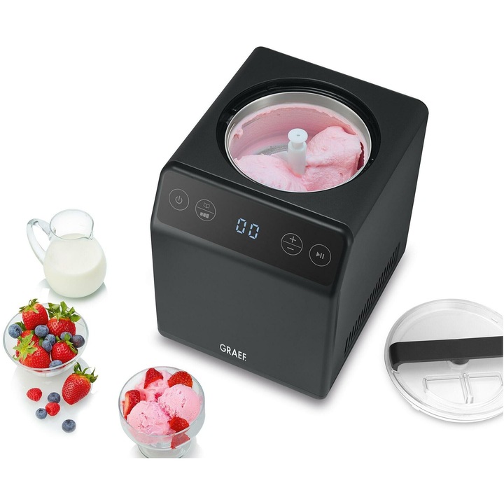 Сладолед с компресор Graef 2в1, IM706, капацитет 2 литра, функция за приготвяне на кисело мляко, 4 програми, автоматично охлаждане, регулируемо време за приготвяне, сензорен дисплей, подвижен съд, включени аксесоари, черен