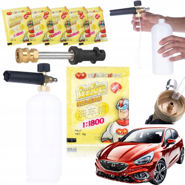 Készlet pisztoly, lándzsa és 5 por aktív habhoz, Rosfix, 1/4QRC-Karcher K kompatibilis, M22x1,5 mm, 1000 ml, 6 g, többszínű