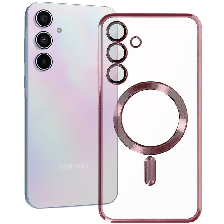 Husa tip MagSafe pentru Samsung Galaxy A55 5G, Glamour MagCase, Protectie lentile camere, Rama electroplacata, Accente metalizate, Margini ridicate, Incarcare wireless, Magnetica, Roz