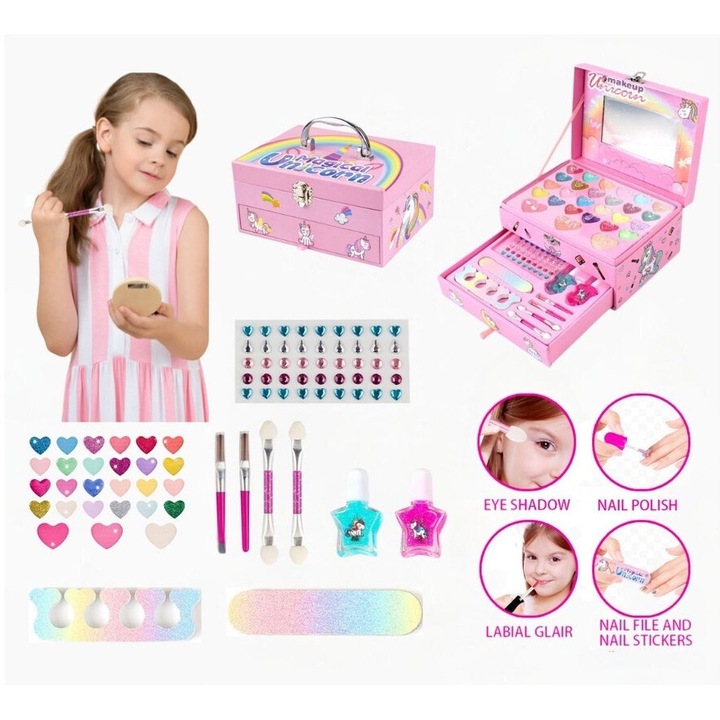 Комплект гримове за момичета, 41 части, кутия с 2 чекмеджета, розов, нетоксичен