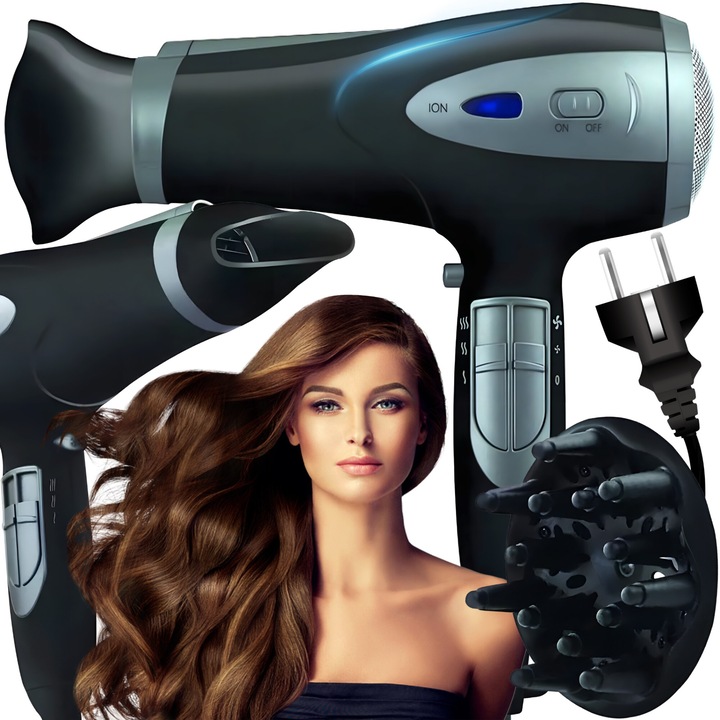 Сешоар, 2000 W, йонизация, 3 температурни нива, 2 скорости, концентратор, дифузер, черно/сребристо, Retoo