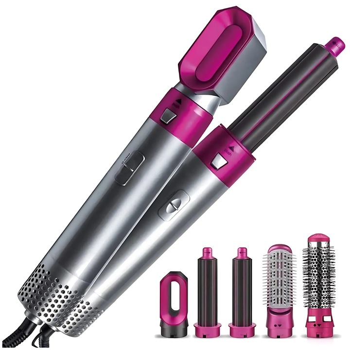 Perie de Par 5 in 1 multifunctionala, SDEPOT®, multiple accesorii incluse, gri