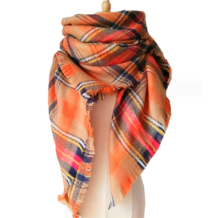 Esarfa dama tartan oversized, calduroasa, moale, multicolora, 140x140cm