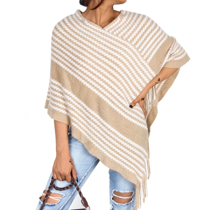 Poncho de dama, Acril, Asimetric cu ciucuri, 70x70cm