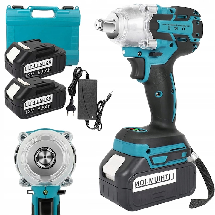 Cheie cu impact fara fir Bedee, 21V, 650N.m, 3200rpm, set cu 2 acumulatori 18V 5.5Ah, cutie de depozitare