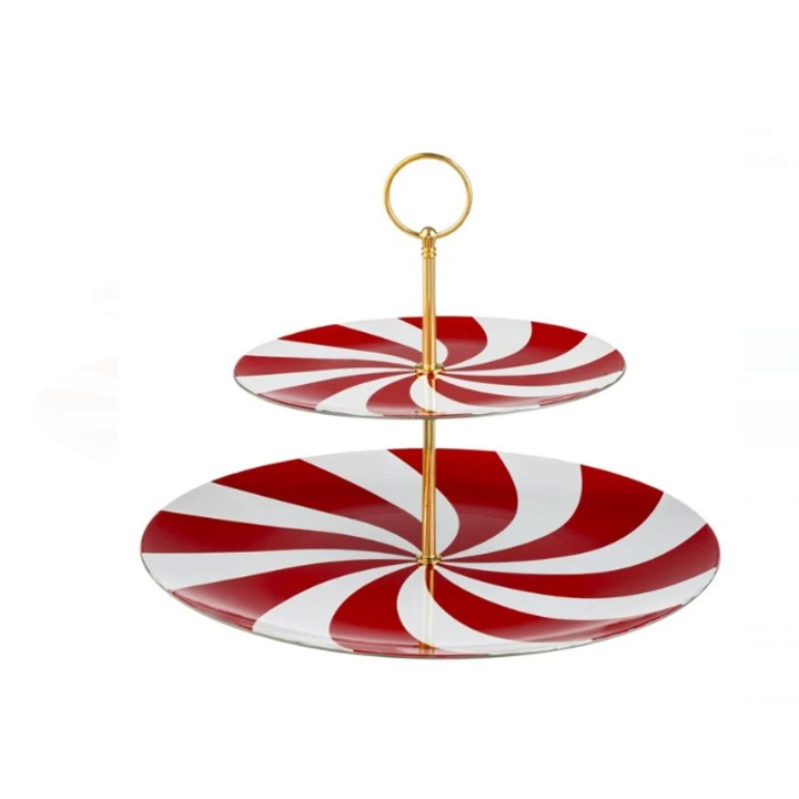 Platou pentru prajituri, BURRAQ, 2 nivele, alb cu dungi rosii, 30x1.5cm si 20x1cm