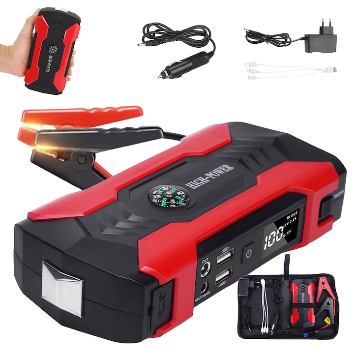 AKKEE J12 autós egyenirányító 28000mAh, 800A, piros + fekete, 18.1x8.6x4.2cm, vészjelző LED-ekkel