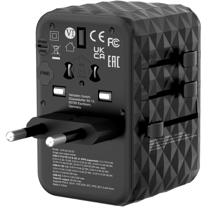 Adaptor calatorie universal Verbatim 32120 GaN III UTA-05, 65W, 2 x USB-C PD, QC 4+, 2 x USB-A, Negru