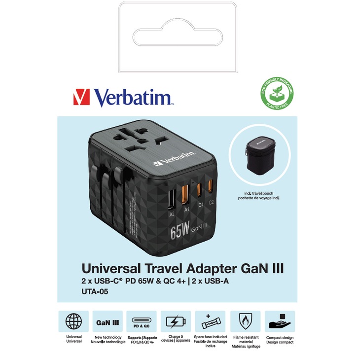 Adaptor calatorie universal Verbatim 32120 GaN III UTA-05, 65W, 2 x USB-C PD, QC 4+, 2 x USB-A, Negru