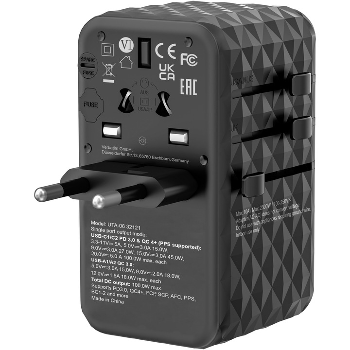 Adaptor calatorie universal Verbatim 32121 GaN III UTA-06, 100W, 2 x USB-C PD, QC 4+, 2 x USB-A QC 3.0, Negru