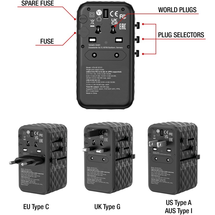 Adaptor calatorie universal Verbatim 32121 GaN III UTA-06, 100W, 2 x USB-C PD, QC 4+, 2 x USB-A QC 3.0, Negru