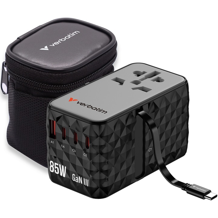 Adaptor calatorie universal Verbatim, GaN III, 85W, cablu retractabil USB-C, 4 x USB-C, PD 3.0 & QC 4+, 1 x USB-A, Negru