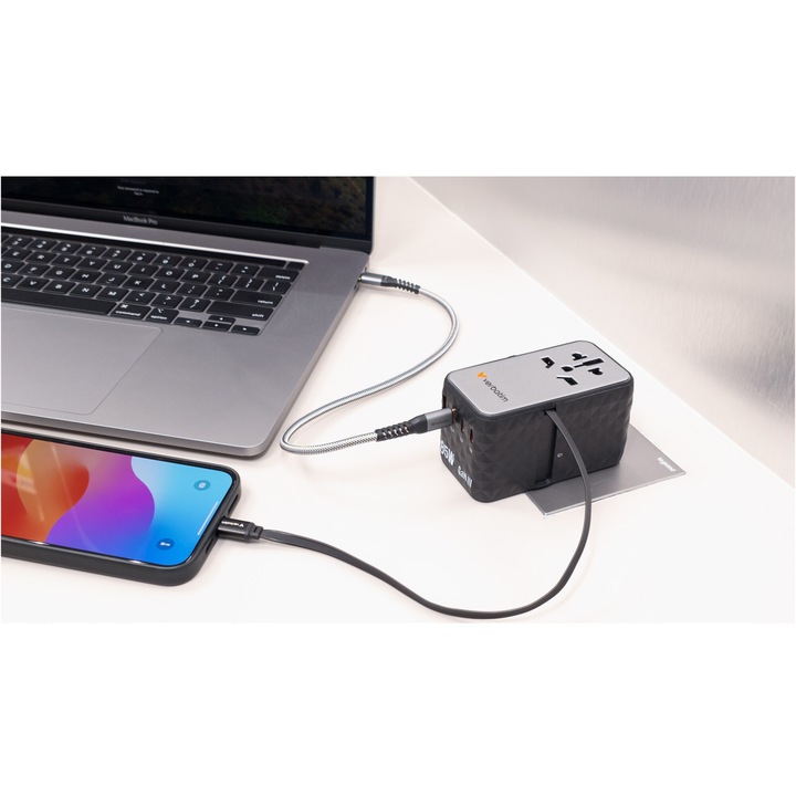 Adaptor calatorie universal Verbatim, GaN III, 85W, cablu retractabil USB-C, 4 x USB-C, PD 3.0 & QC 4+, 1 x USB-A, Negru