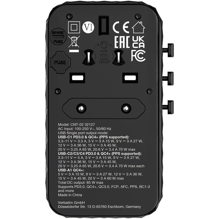 Adaptor calatorie universal Verbatim, GaN III, 85W, cablu retractabil USB-C, 4 x USB-C, PD 3.0 & QC 4+, 1 x USB-A, Negru