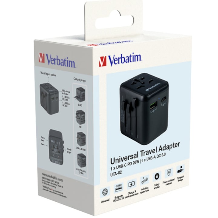 Adaptor calatorie universal Verbatim 49544 UTA-02, 20W, USB-C PD 20W, USB-A QC 3.0, Negru
