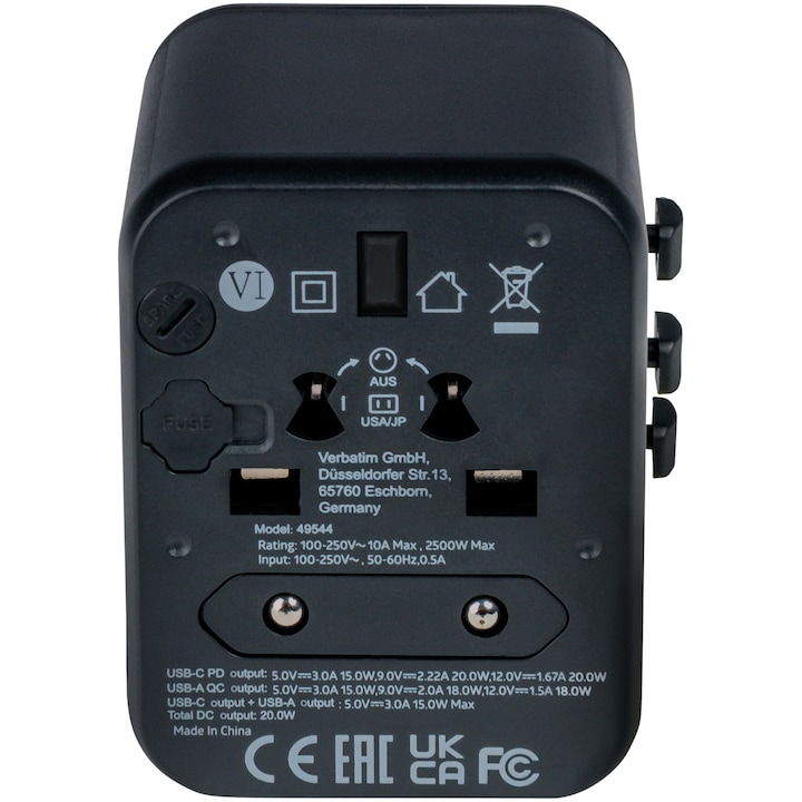 Adaptor calatorie universal Verbatim 49544 UTA-02, 20W, USB-C PD 20W, USB-A QC 3.0, Negru