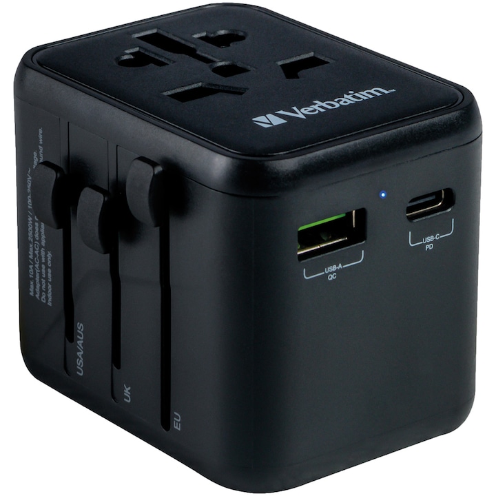 Adaptor calatorie universal Verbatim 49544 UTA-02, 20W, USB-C PD 20W, USB-A QC 3.0, Negru