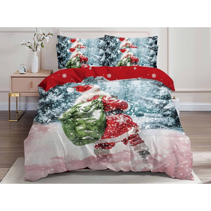 Set Lenjerie de pat dublu, model Craciun 3D, 6 piese, Bumbac Finet, Cearceaf de pat 240X250 cm, Cearceaf pilota 200x230 cm, 2 fete de perna 70x70 cm, 2 fete de perna 55x75 cm, cu imprimeu Mos Craciun, albastru prafuit-rosu-roz