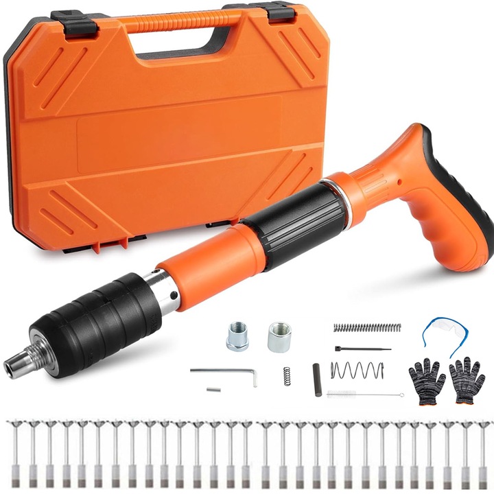 Pistol de cuie manual Bedee, 5 trepte ajustabile, rezistenta mare, negru/portocaliu, lungime cuie 27mm