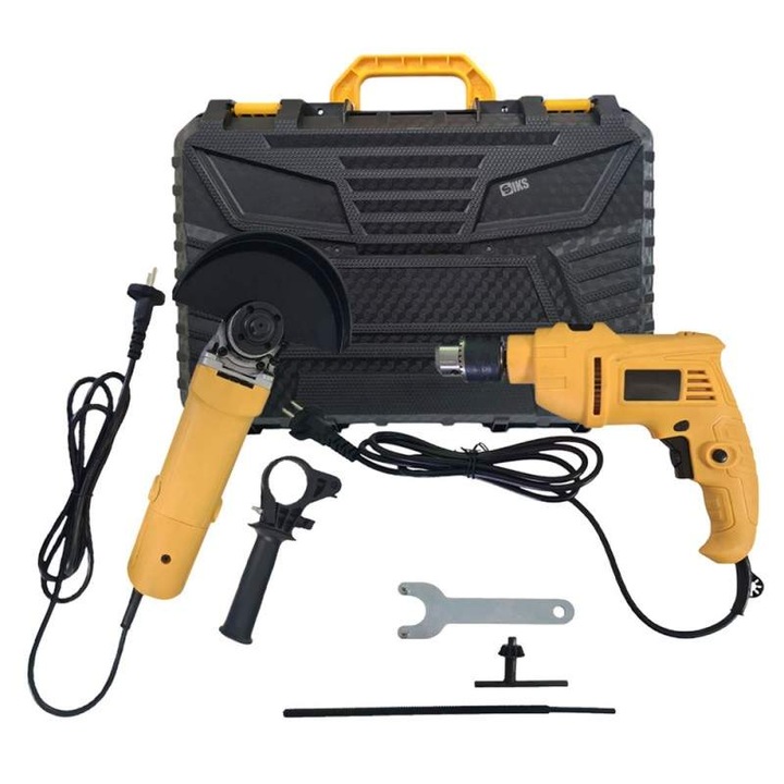 Set 2 Scule SIKS Masina De Gaurit Cu Impact (bormasina) Si Polizor Unghiular (flex), 780W, Cu 2 Trepte De Viteza, Mandrina 1.5 - 13mm, 10000 Rotatii Pe Minut, Negru/Galben