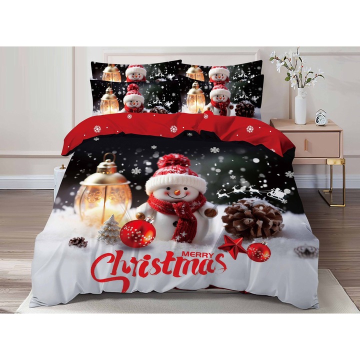 Set Lenjerie de pat dublu, model Craciun 3D, 6 piese, Bumbac Finet, Cearceaf de pat 240X250 cm, Cearceaf pilota 200x230 cm, 2 fete de perna 70x70 cm, 2 fete de perna 55x75 cm, cu imprimeu Om de zapada, negru-alb fildes-rosu