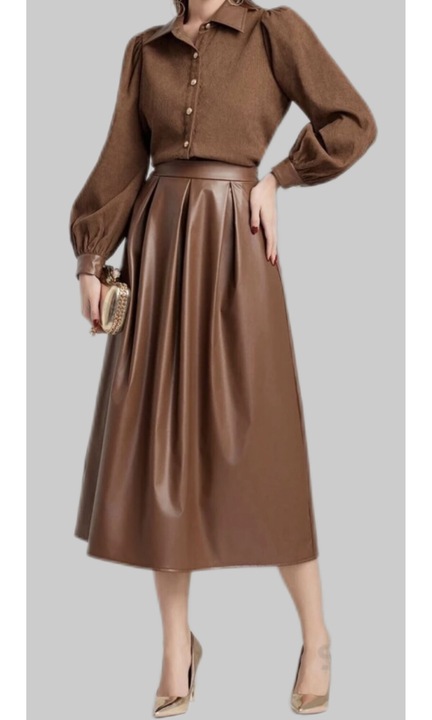 Set camasa + fusta midi, din piele ecologica si vascoza, cu nasturi functiondwqasfxzgali potrivita si pentru alaptare, mansete si guler din piele ecologica, Maro