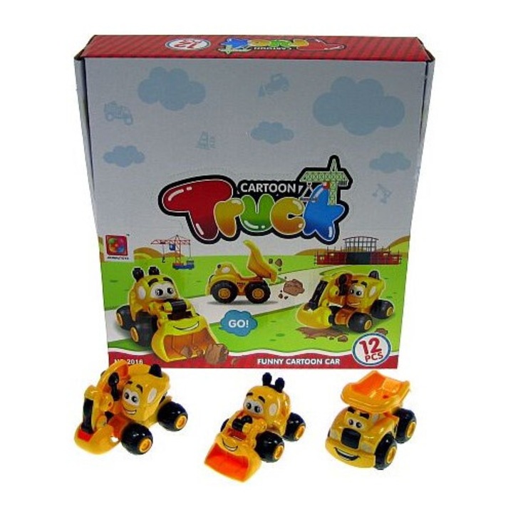 Set masinute de constructie, Hipo, 12 bucati, 8cm, multicolor, 30x32x7cm