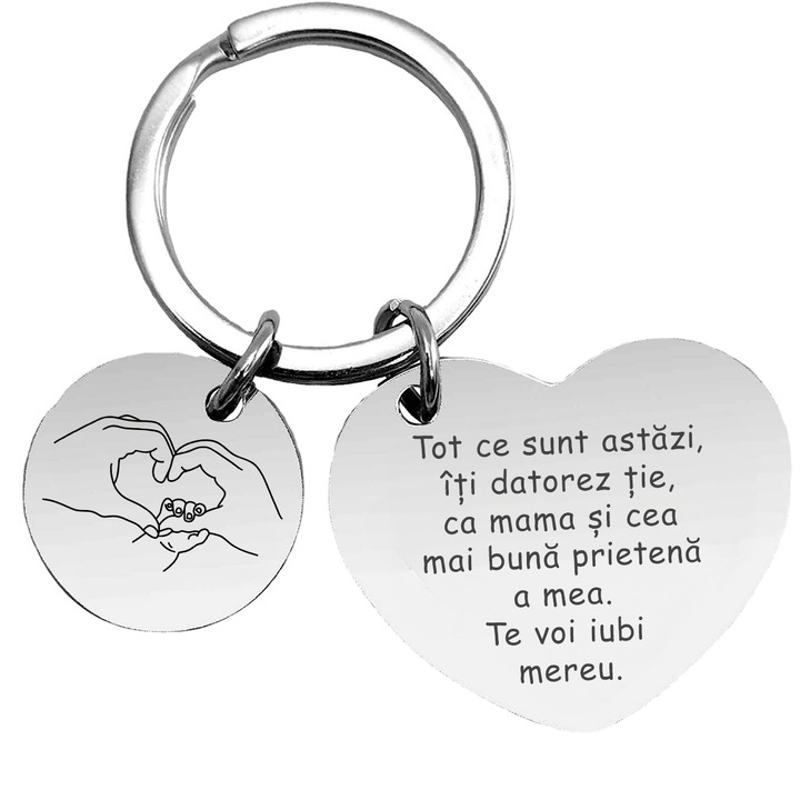 Breloc Otel Inoxidabil, Pentru Mama, Joystos, Forma Inima Cu Text Gravat ”Tot ce sunt astazi, iti datorez tie, ca mama si cea mai buna prietena a mea. Te voi iubi mereu.”