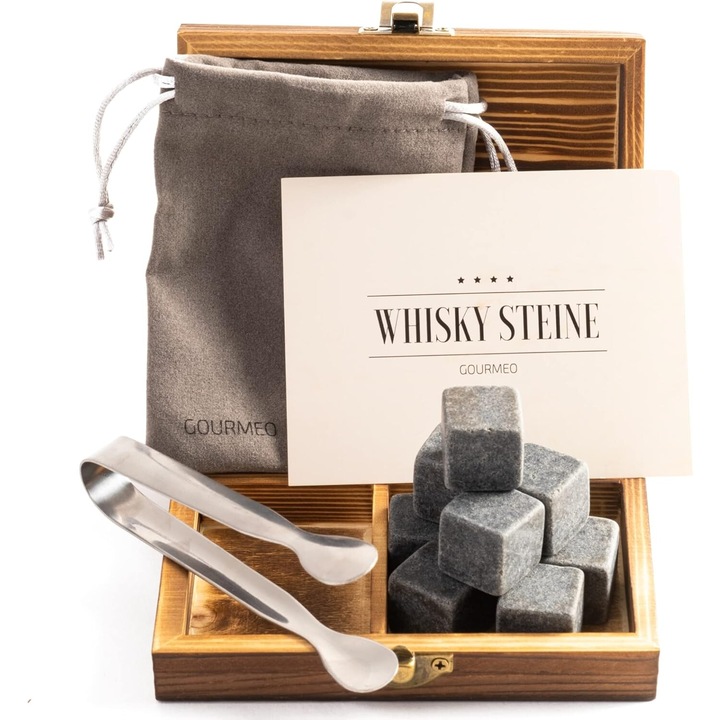 Set cadou premium pentru bauturi, Gourmeo, 9 cuburi si un saculet, cleste inox, cutie din lemn, a se folosi pentru Whiskey