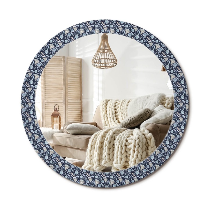 Oglinda decorativa rotunda, Decormat, Perete, Albastru inchis, Ø 90 cm, 010090550120300012788