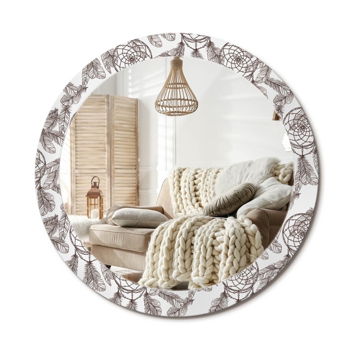 Oglinda decorativa rotunda, Decormat, Perete, Gri, Ø 90 cm, 010090550120300012786