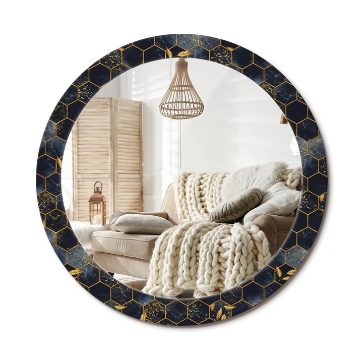 Oglinda decorativa rotunda, Decormat, Perete, Auriu, Ø 90 cm, 010090550120300020918