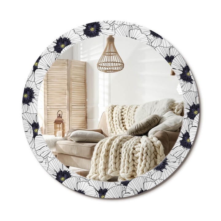 Oglinda decorativa rotunda, Decormat, Perete, Alb, Ø 90 cm, 010090550120300072558