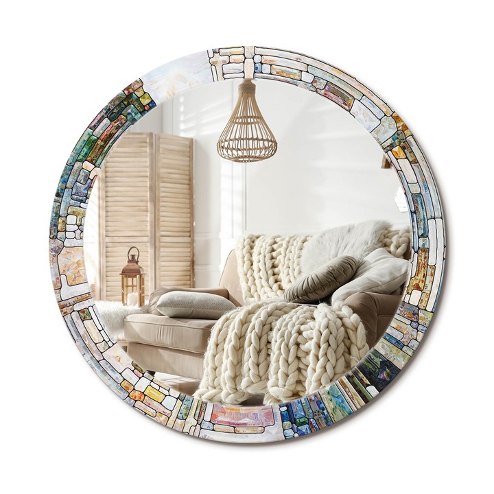 Oglinda decorativa rotunda, Decormat, Perete, Crem, Ø 90 cm, 010090550120300072641