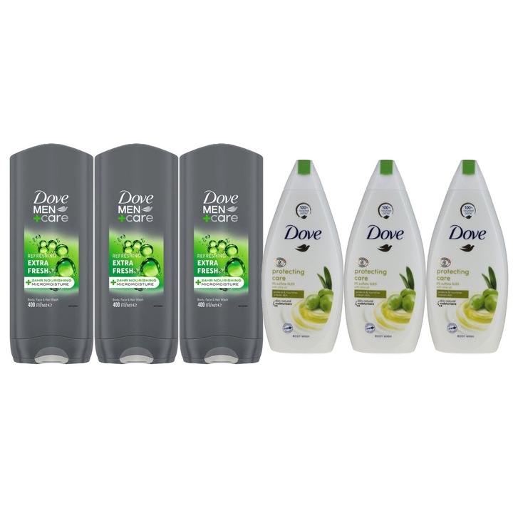 Set Igiena Dove 6 x Componente, 3 x gel dus 400ml extra fresh men, 3 x gel dus 600ml ulei de masline, testat dermatologic, prospetime de lunga durata, delicat pentru scalp, non-toxic, eco-friendly, aspect stralucitor, previne iritatia pielii