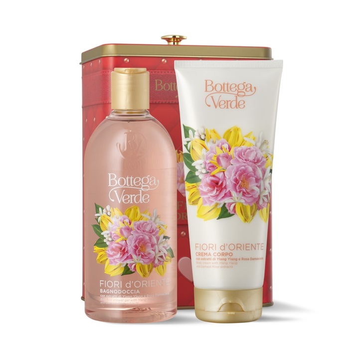 Set cadou femei ingrijire corp cu extract de trandafir si Ylang Ylang, in cutie metalica - Fiori d'Oriente, 200 ML, 400 ML, Bottega Verde