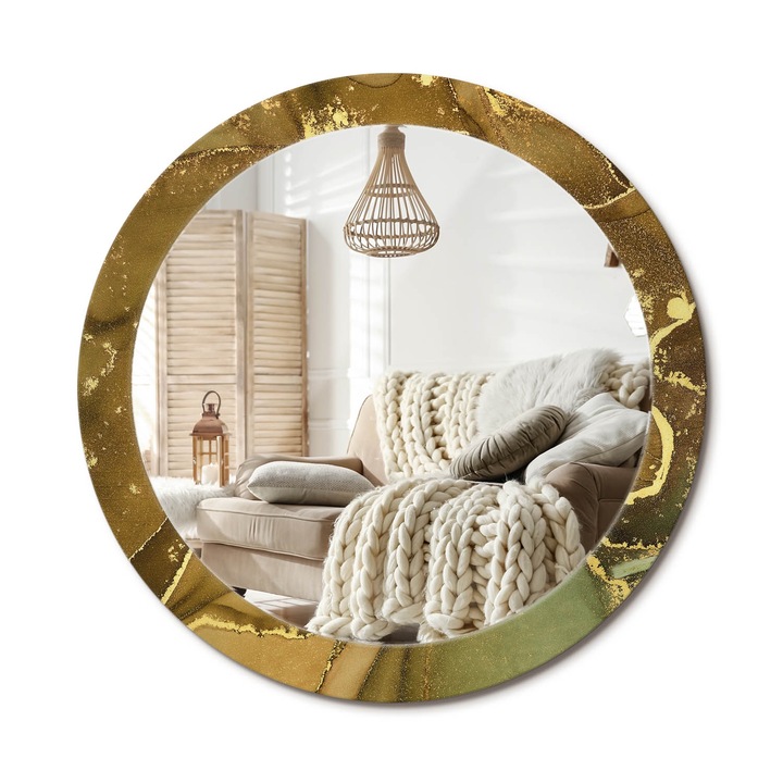 Oglinda decorativa rotunda, Decormat, Perete, Auriu, Ø 90 cm, 010090550120300053828