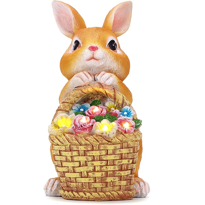 Decoratiune gradina, BOMSTOM, iepure solar cu cos de flori, polirasina, 15x12x21.5cm, waterproof