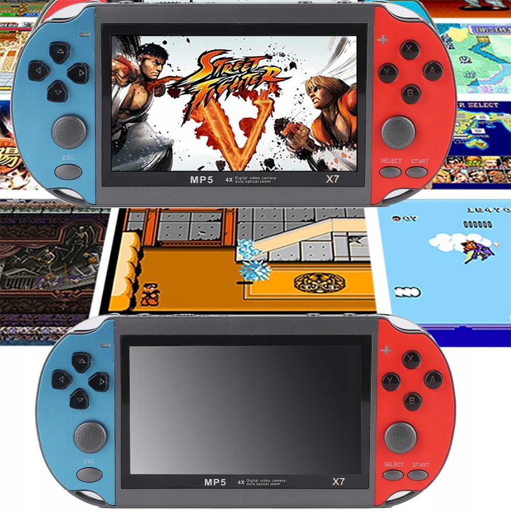 Consola portabila Bedee X7, 4.3 inch, 8GB, rosu si albastru, suporta jocuri arcade 8-bit, 16-bit, 32-bit, 64-bit