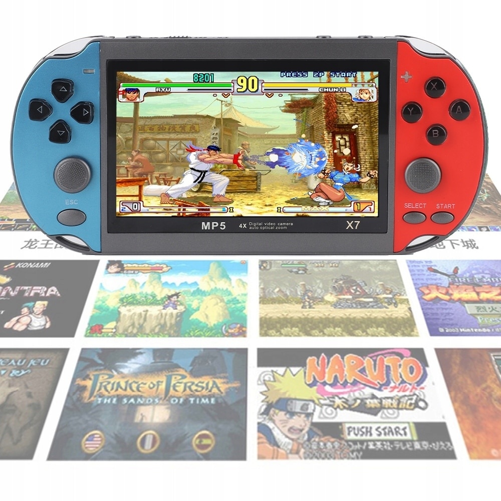 Consola portabila Bedee X7, 4.3 inch, 8GB, rosu si albastru, suporta jocuri arcade 8-bit, 16-bit, 32-bit, 64-bit