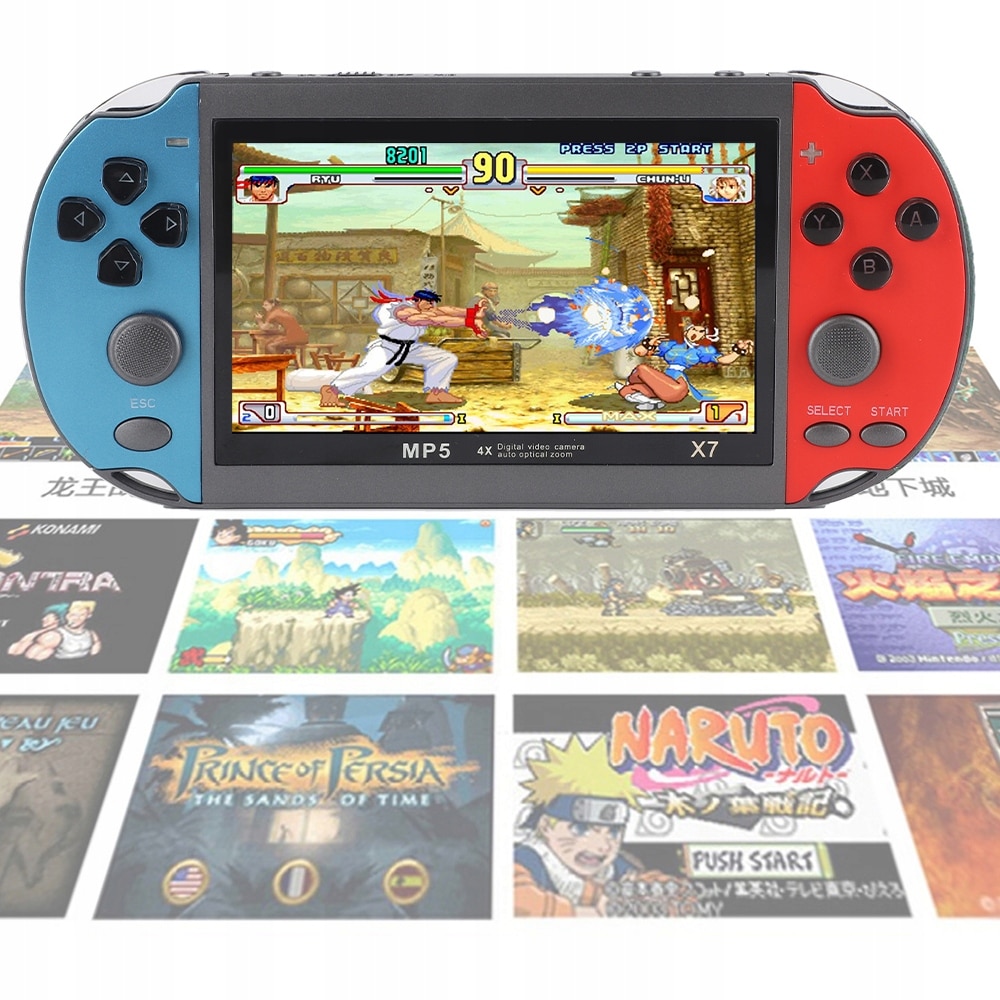 Consola portabila Bedee X7, 4.3 inch, 8GB, rosu si albastru, suporta jocuri arcade 8-bit, 16-bit, 32-bit, 64-bit