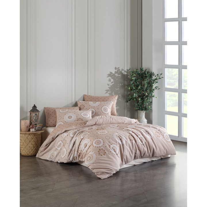 Lenjerie de pat single Majoli Bahar Home Collection, 100% bumbac ranforce, 144 TC,3 piese(cearsaf de pilota 160x220cm, cearsaf pat 160x240 cm, 1 fata de perna 50x70cm), Snow Khave