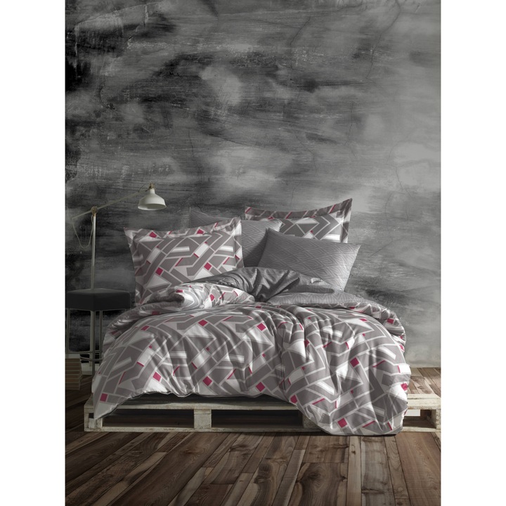 Lenjerie de pat dublu, Class Home Collection, 100% bumbac satin, 210TC, 6 piese(cearsaf de pilota 200x220cm, cearsaf pat 240x260 cm, 4 fete de perna 50x70cm), Regina Grey